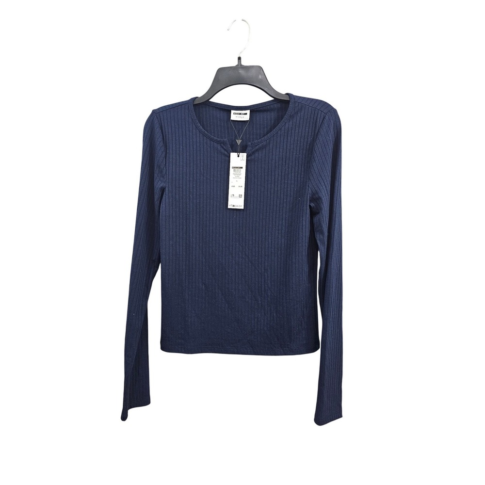 NOISY MAY NMCLARA V NECK RIBBED LONG SLEEVE TOP NAVY Tee‎ Shirt Top SIZE L NEW